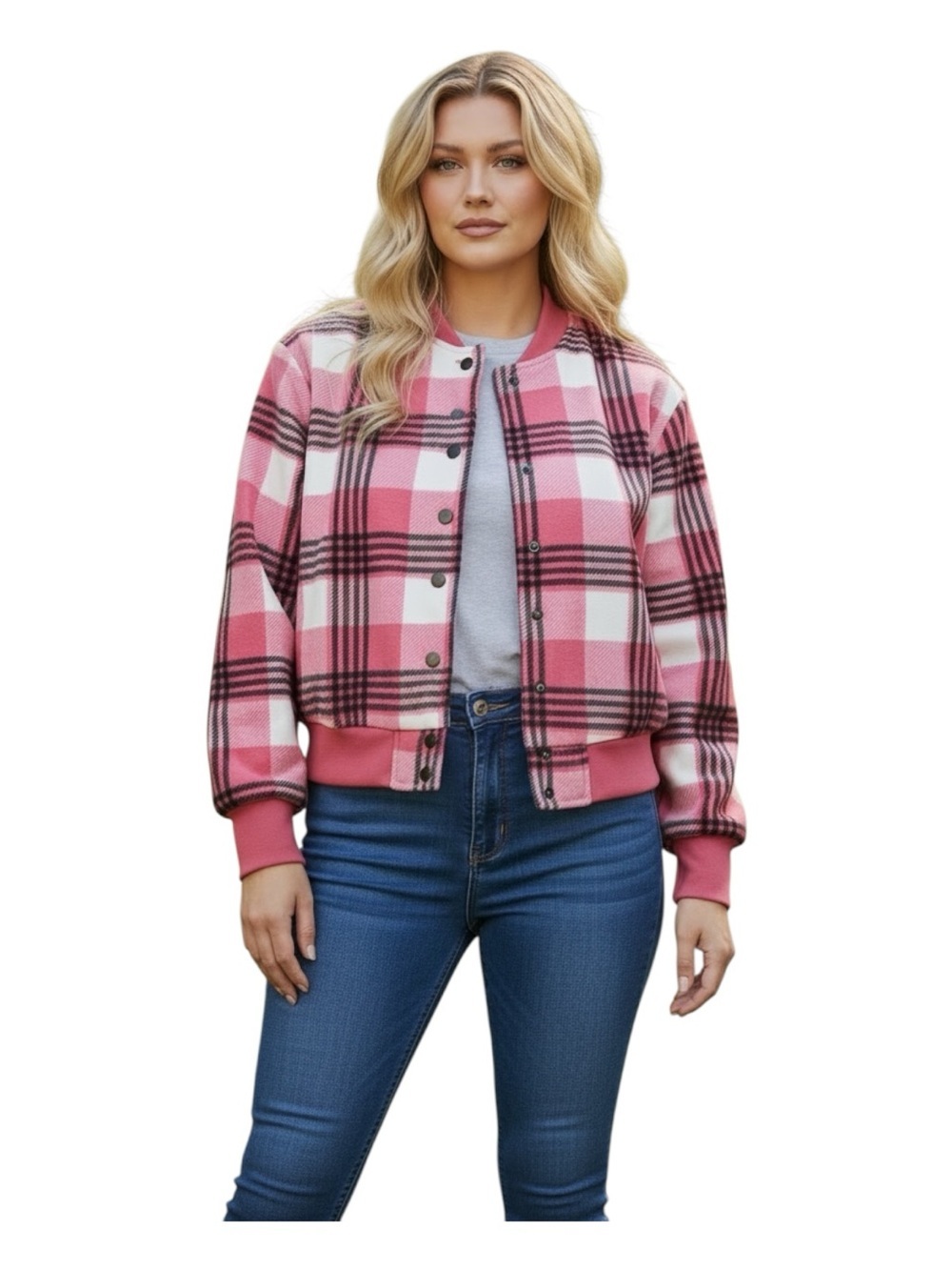 Pink Plus Size 2X Plaid Bomber Jacket - Women